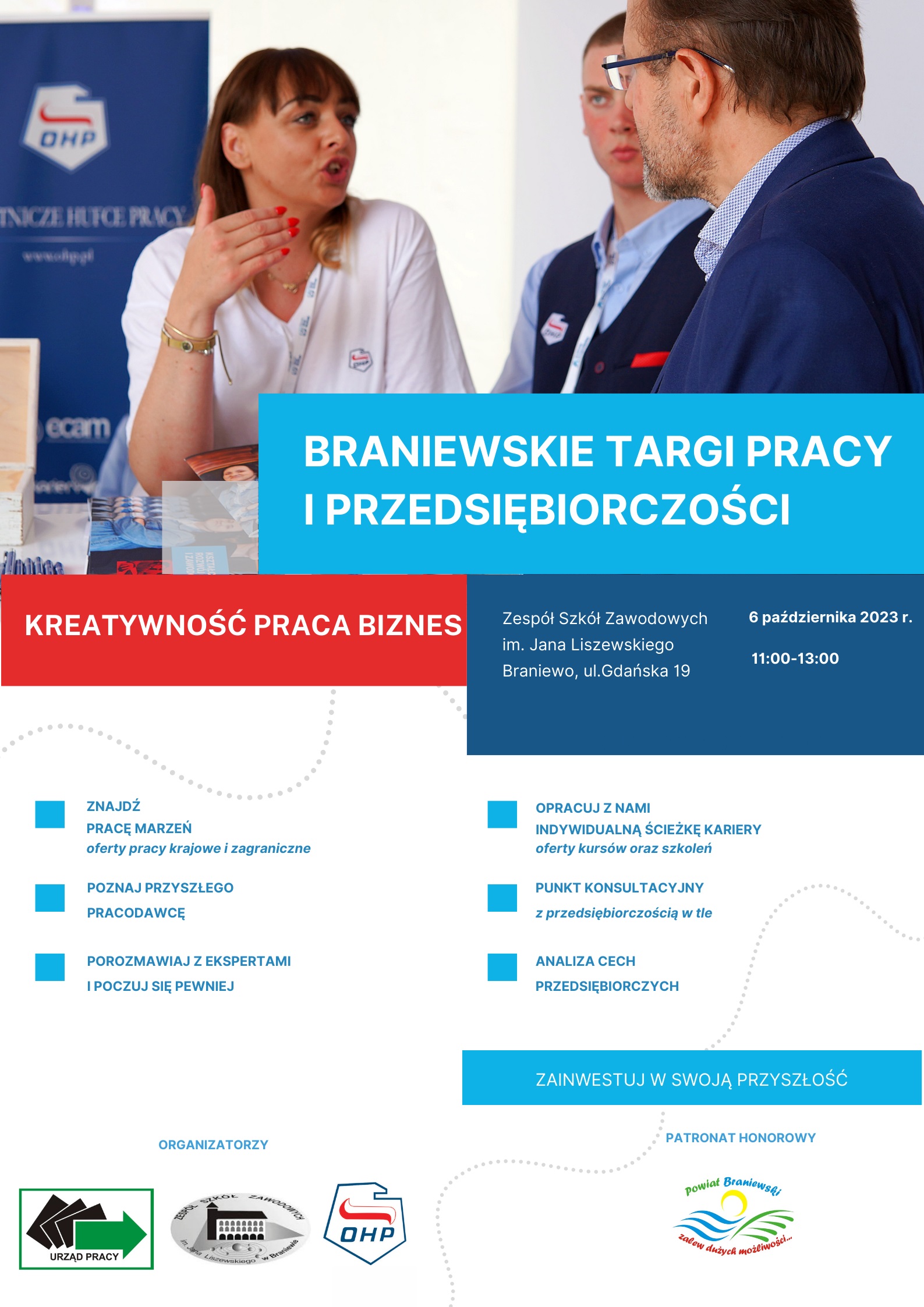 Powiatowy Urząd Pracy w Braniewie zaprasza do udziału  w Braniewskich Targach Pracy i Przedsiębiorczości pod nazwą „Kreatywność, praca, biznes” - plakat
