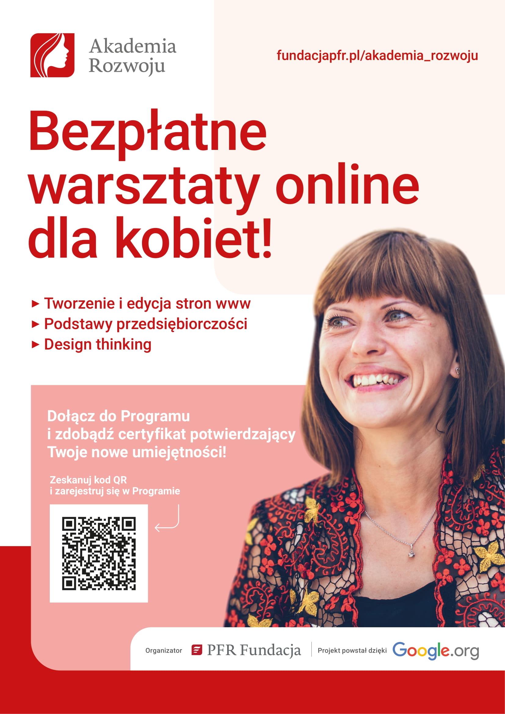 Plakat promujący bezpłatny i zdalny program dla kobiet, którego celem jest m.in. wzmocnienie kompetencji zawodowych - Fundacji Polskiego Funduszu Rozwoju