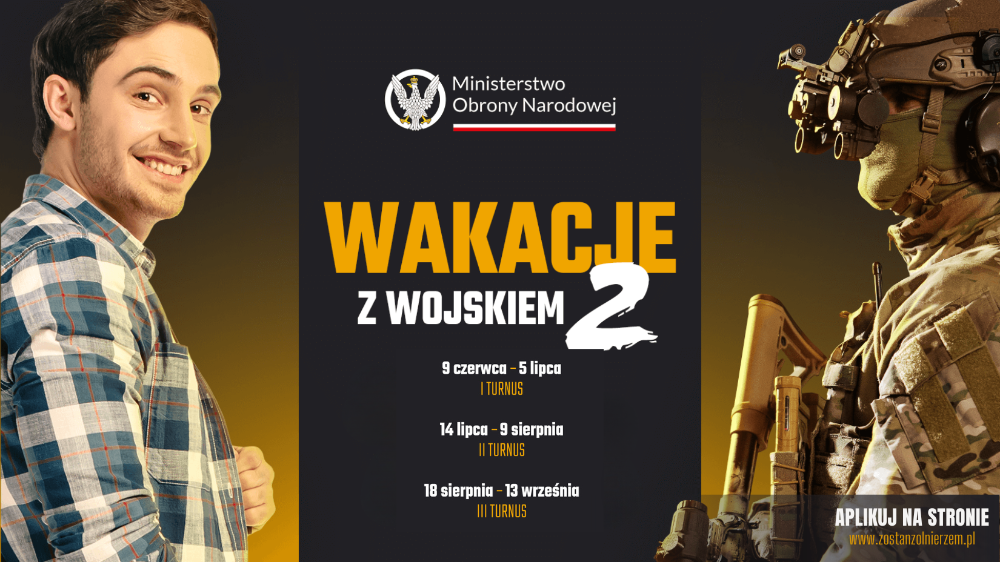 Wojsko Polskie zaprasza młodych ochotników do spędzenia części swoich wakacji na dobrowolnym, darmowym i ochotniczym szkoleniu wojskowym pod hasłem „Wakacje z wojskiem 2”.